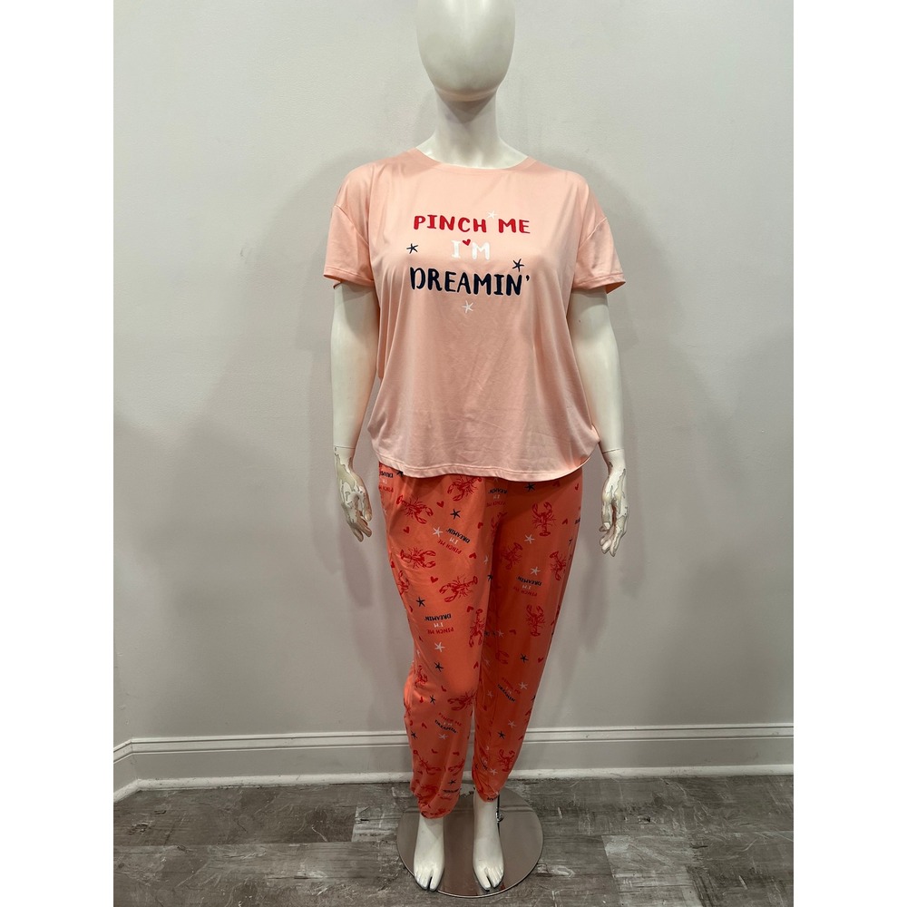 Joyspun Womens Pajama Set Pink Peach Lobster Graphic Sleepwear Size XL 16-18